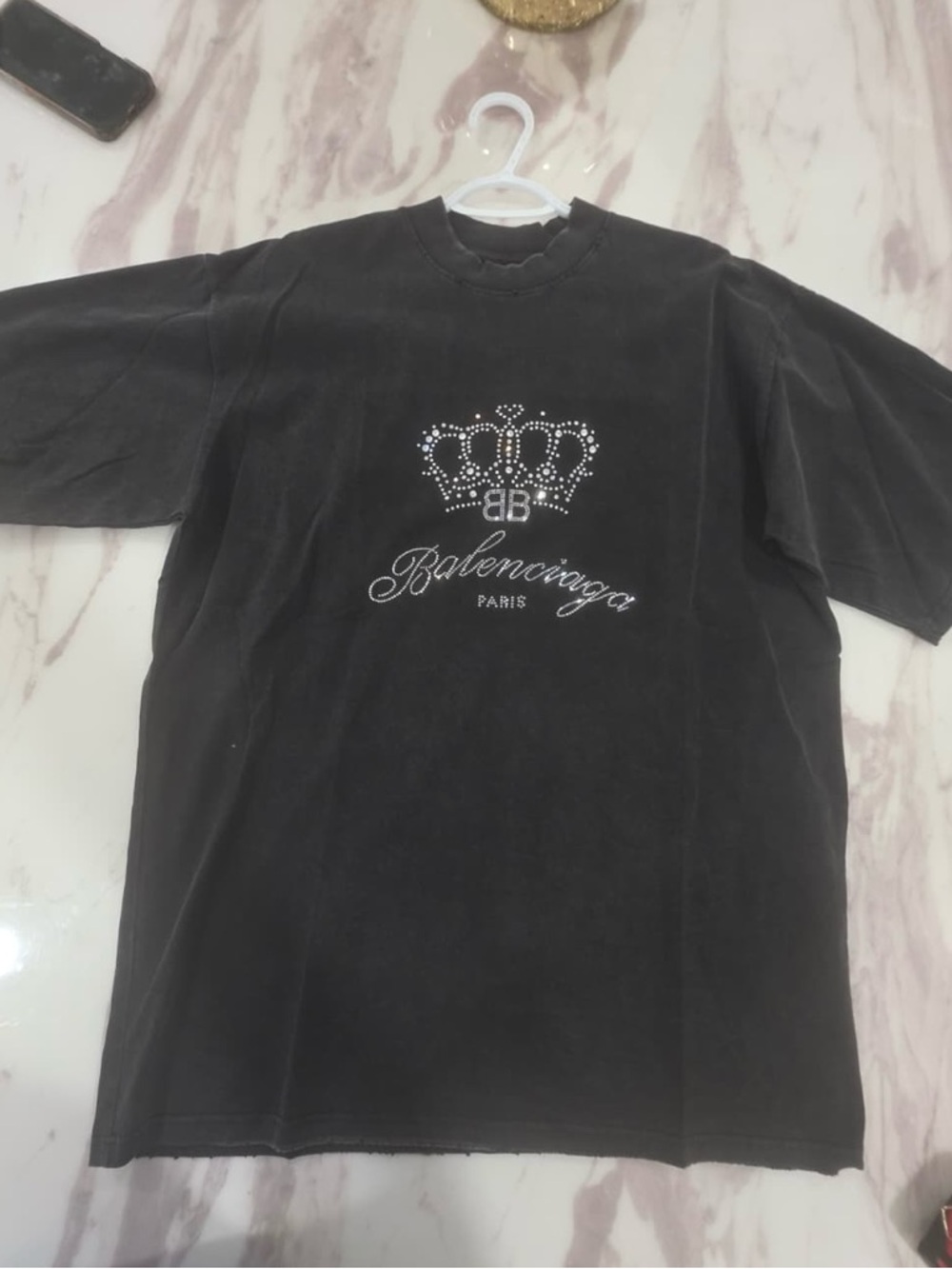 Balenciaga Black Rhinestone Crown Logo Tee size L oversized like XL
